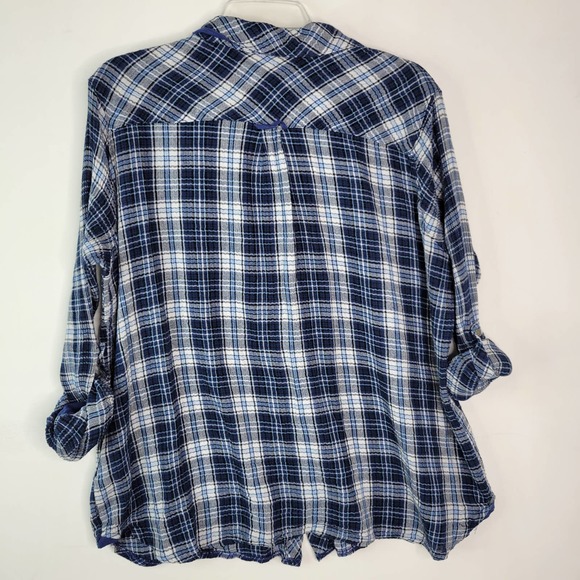 Kut from the Kloth Snap Front Shirt Top XXL Blue White Plaid Long Sleeve Collar - Picture 7 of 10